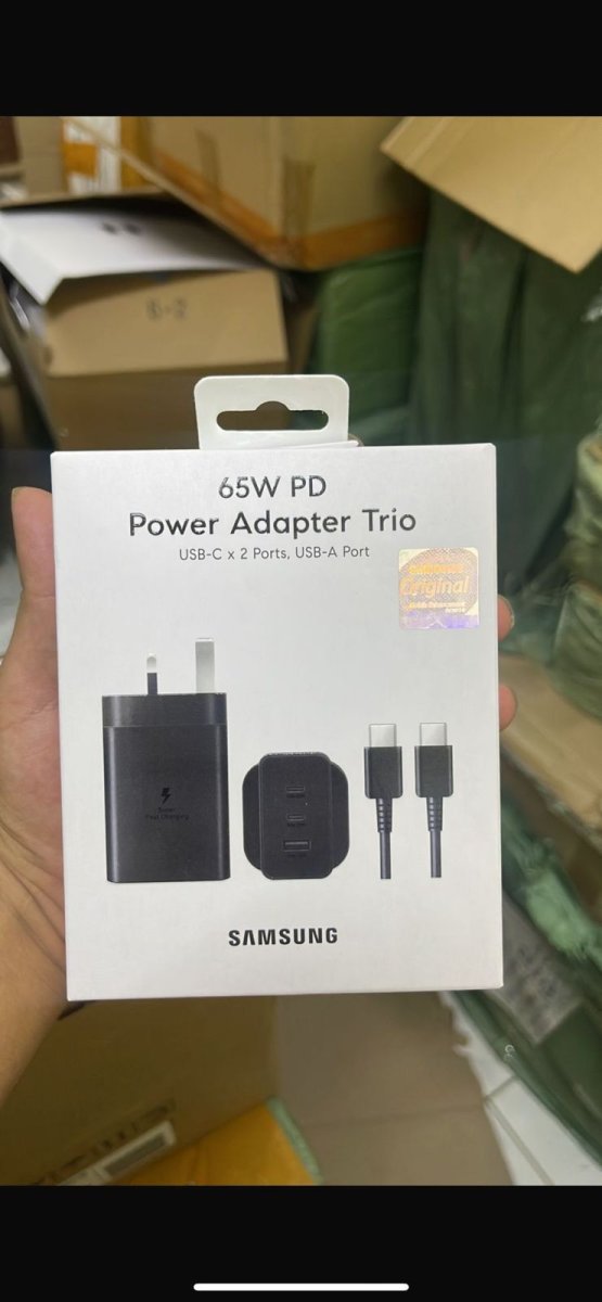 65W Trio Fast Charger Adapter Compatible for Samsung Galaxy S25 Ultra, S24 Ultra, S23 Ultra, S22, Z Fold 6/5, A06 LTE, A55 LTE, Dual Type-C and USB-A Ports, Cable Included, Black (First Copy)